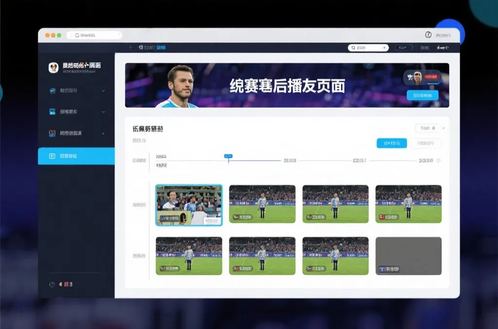 比赛结束后，电视屏幕展示集锦回放页面，旁边有时间轴和多角度切换提示